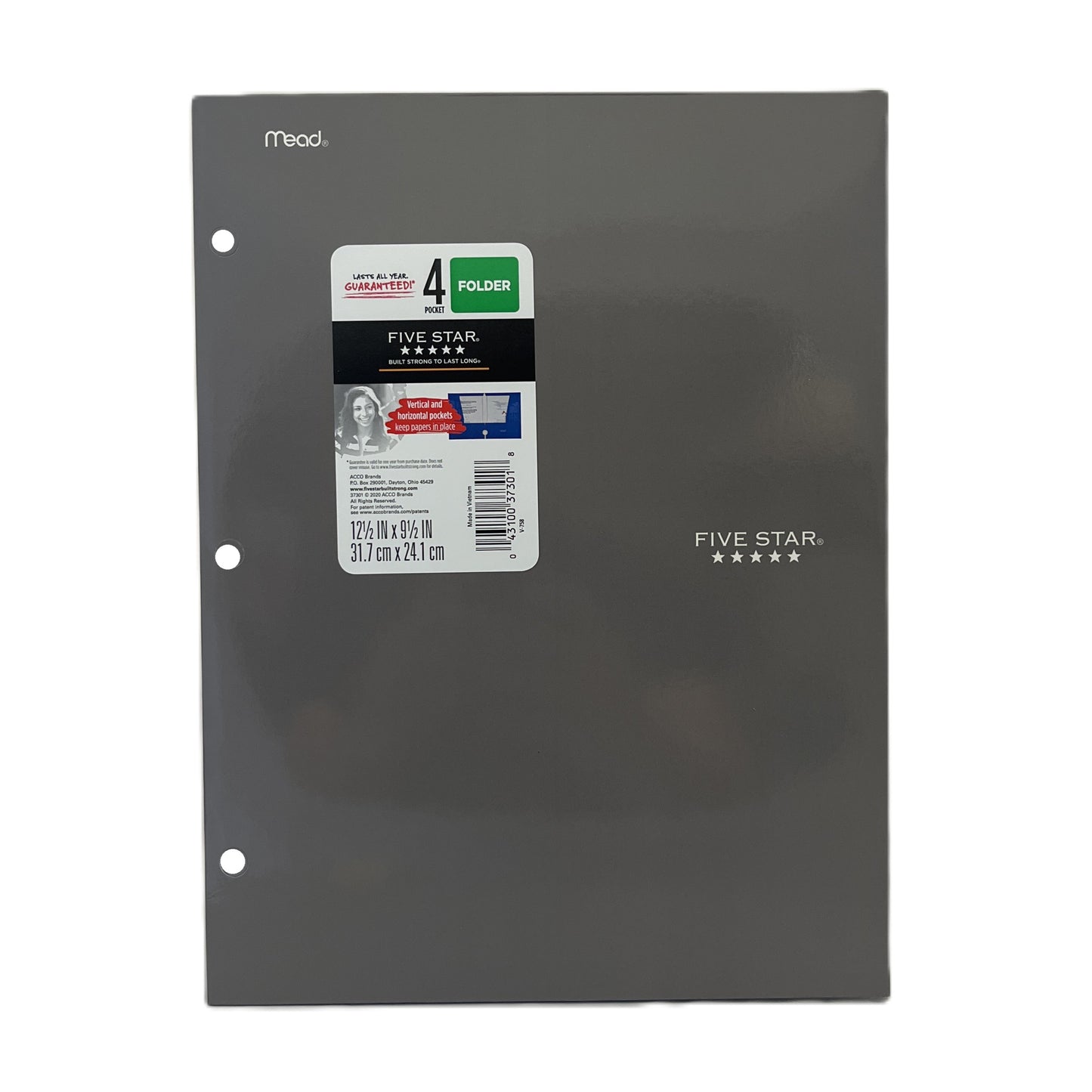 Black Five Star folder with a label on a white background