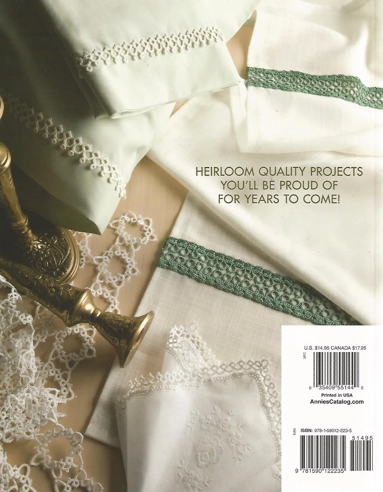 Textured fabric with lace details and a gold object on a white background, featuring text about heirloom quality projects.