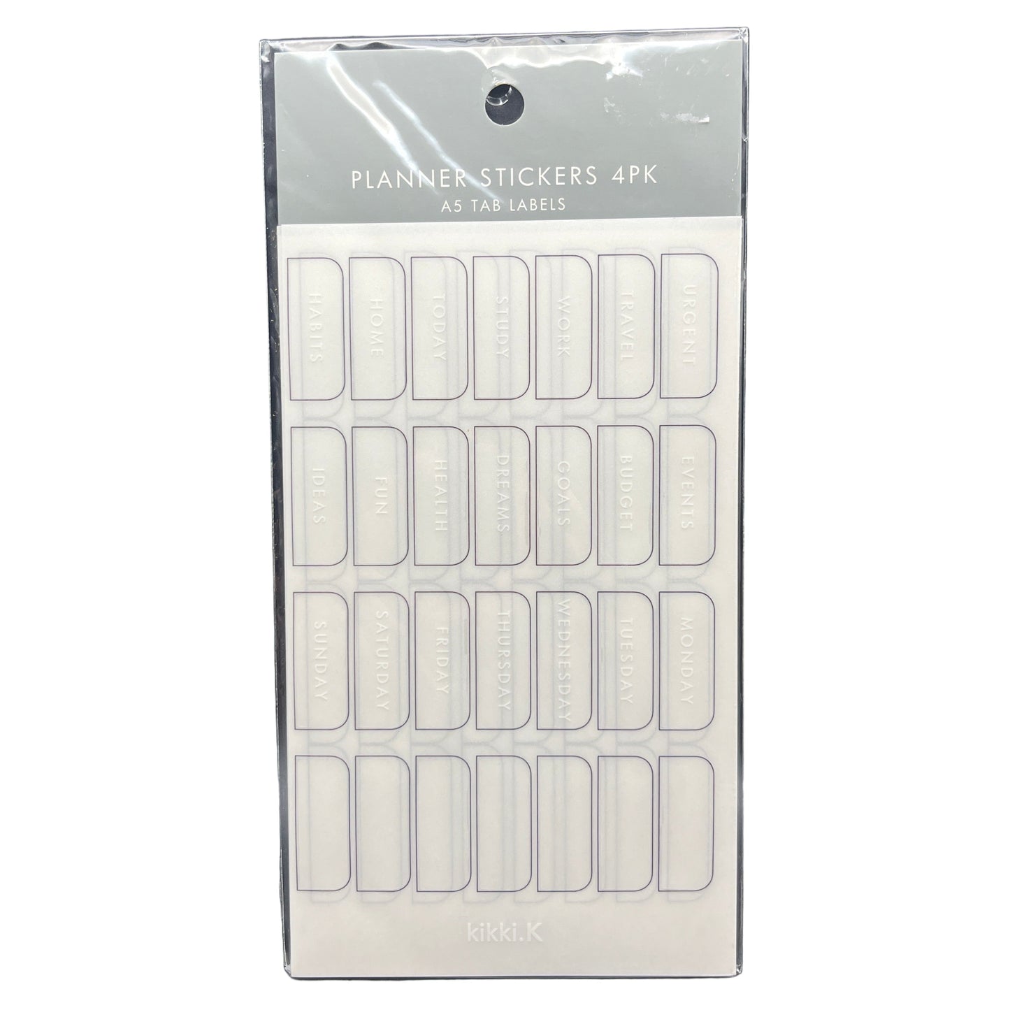Packaging of planner stickers with white labels on a white background