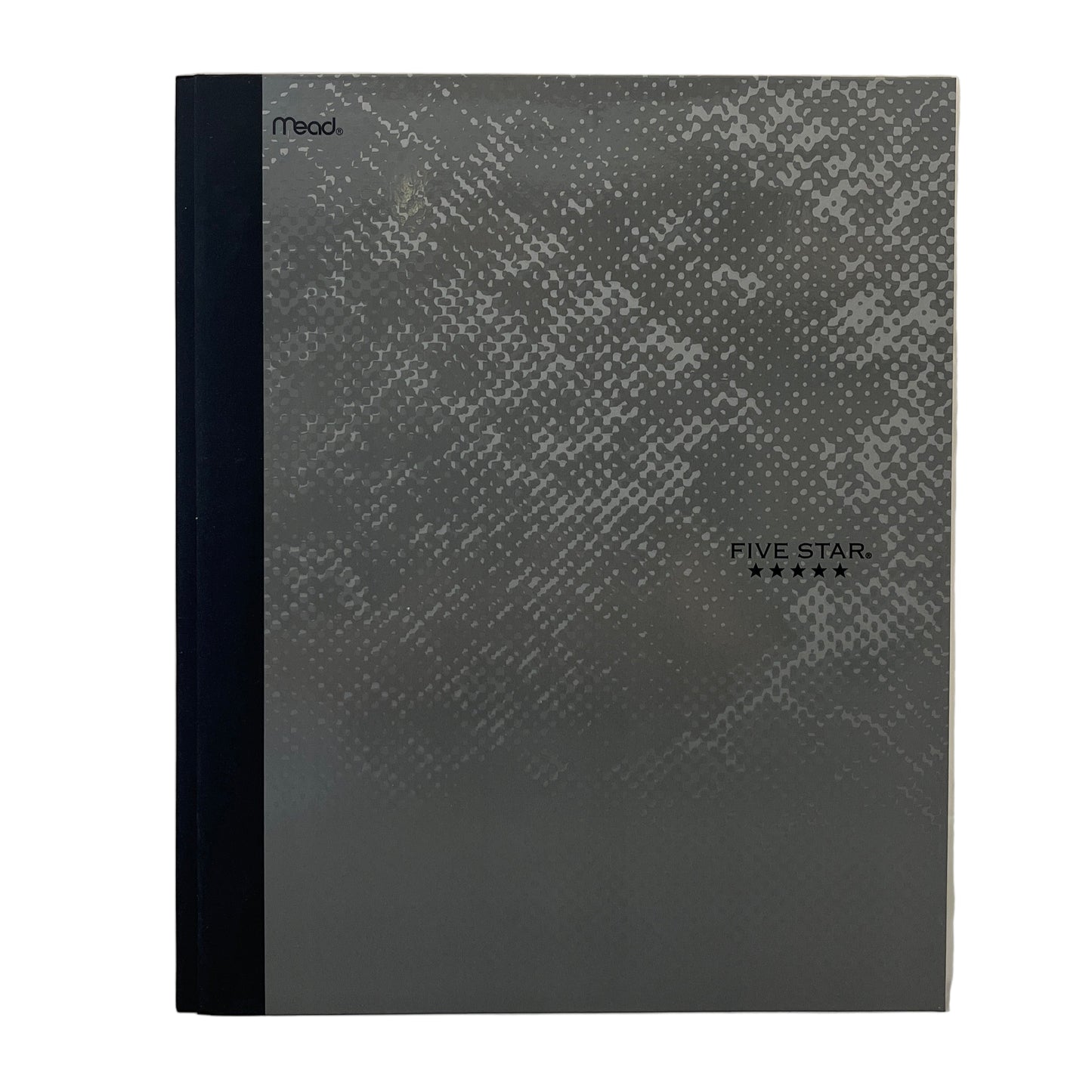 Gray textured book with black band on a white background