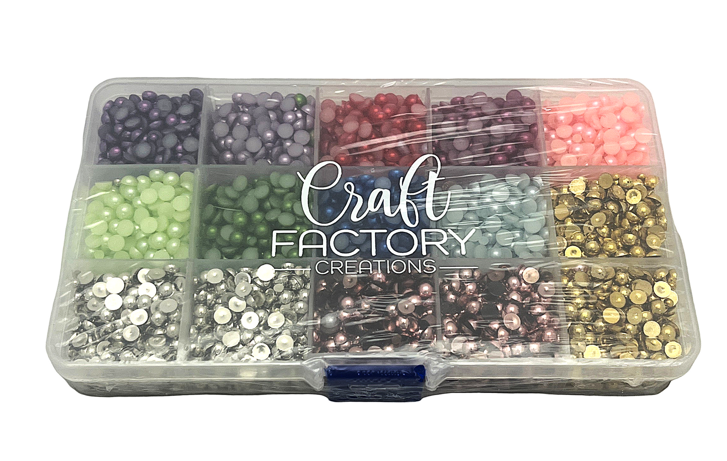 Clear plastic container with various craft beads and stones labeled 'Craft Factory Creations' on a white background.