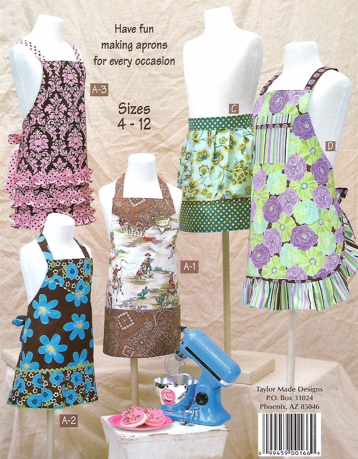 Collection of colorful aprons on mannequins with text about apron making.