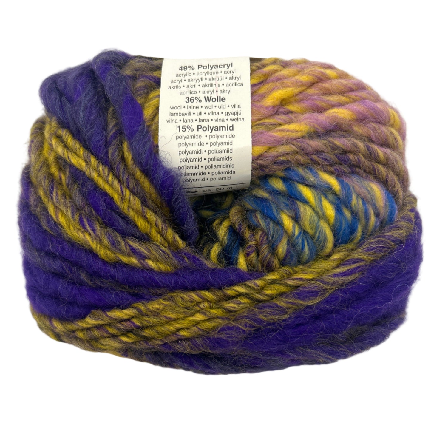 Ball of purple and yellow yarn with a label on a white background