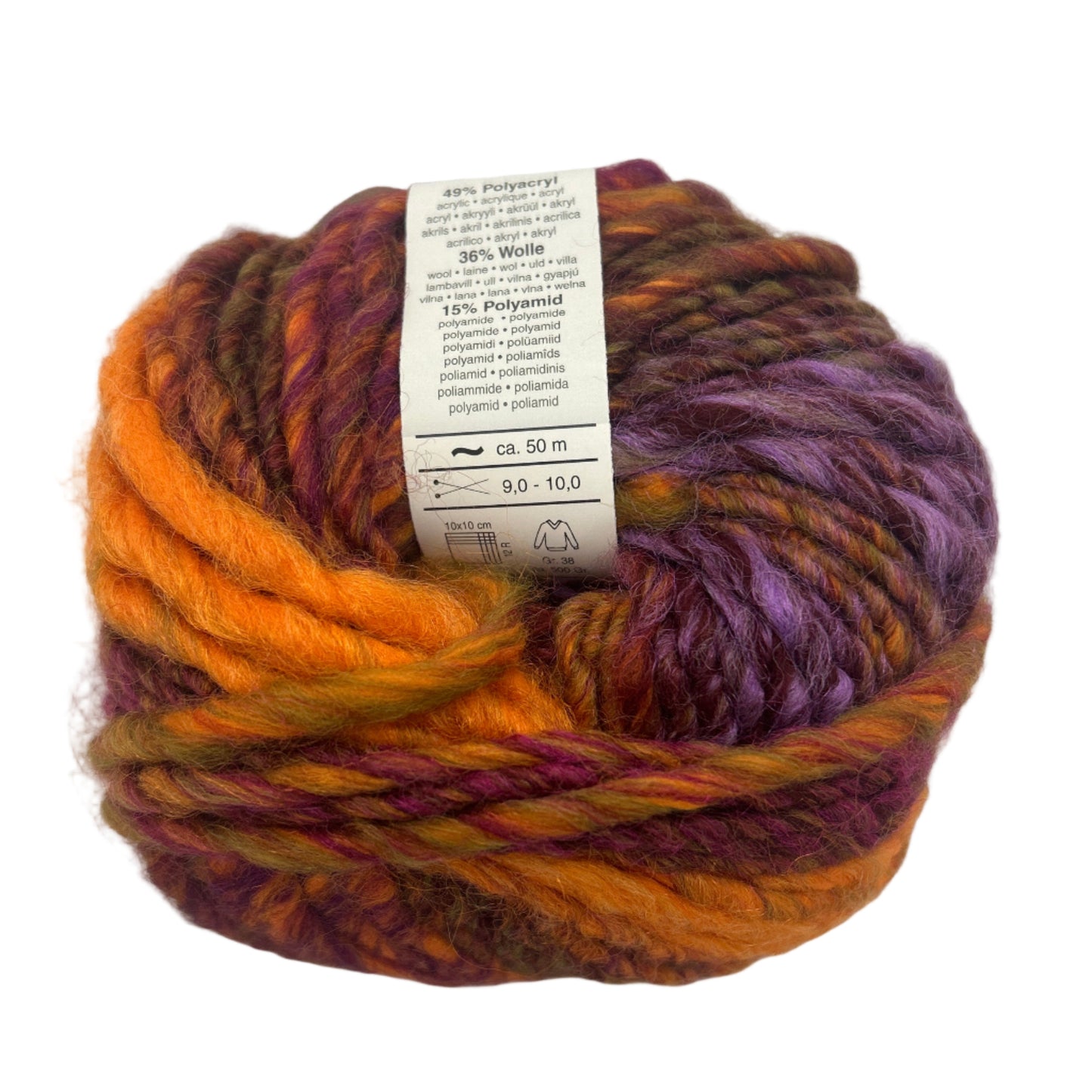 Multicolored yarn ball with a label on a white background
