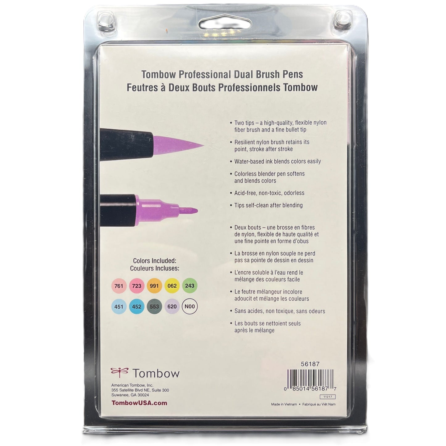 Tombow Professional Dual Brush Pens packaging with product details on a white background