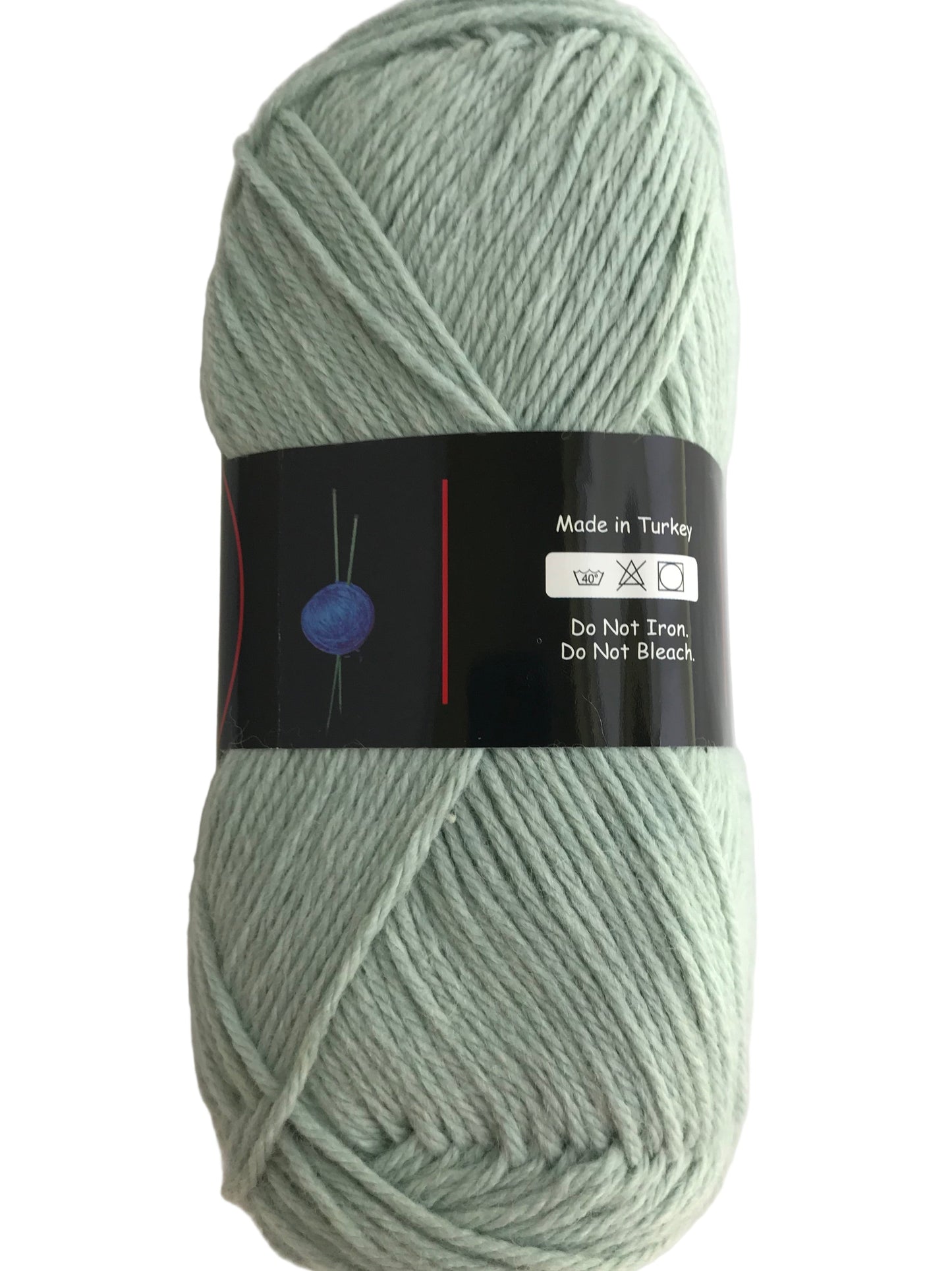 Light green skein of yarn with a label on a white background
