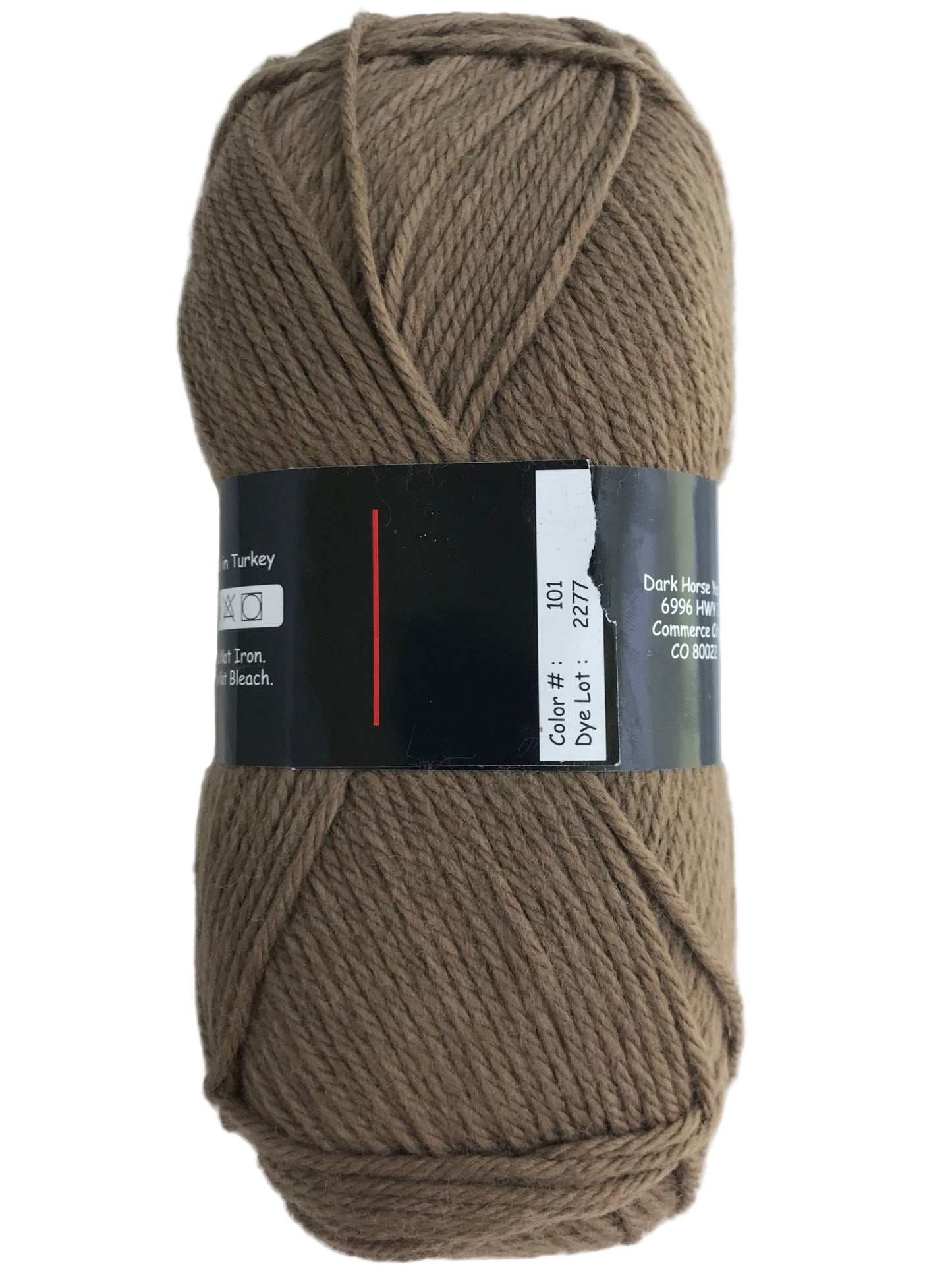 Brown skein of yarn with a label on a white background