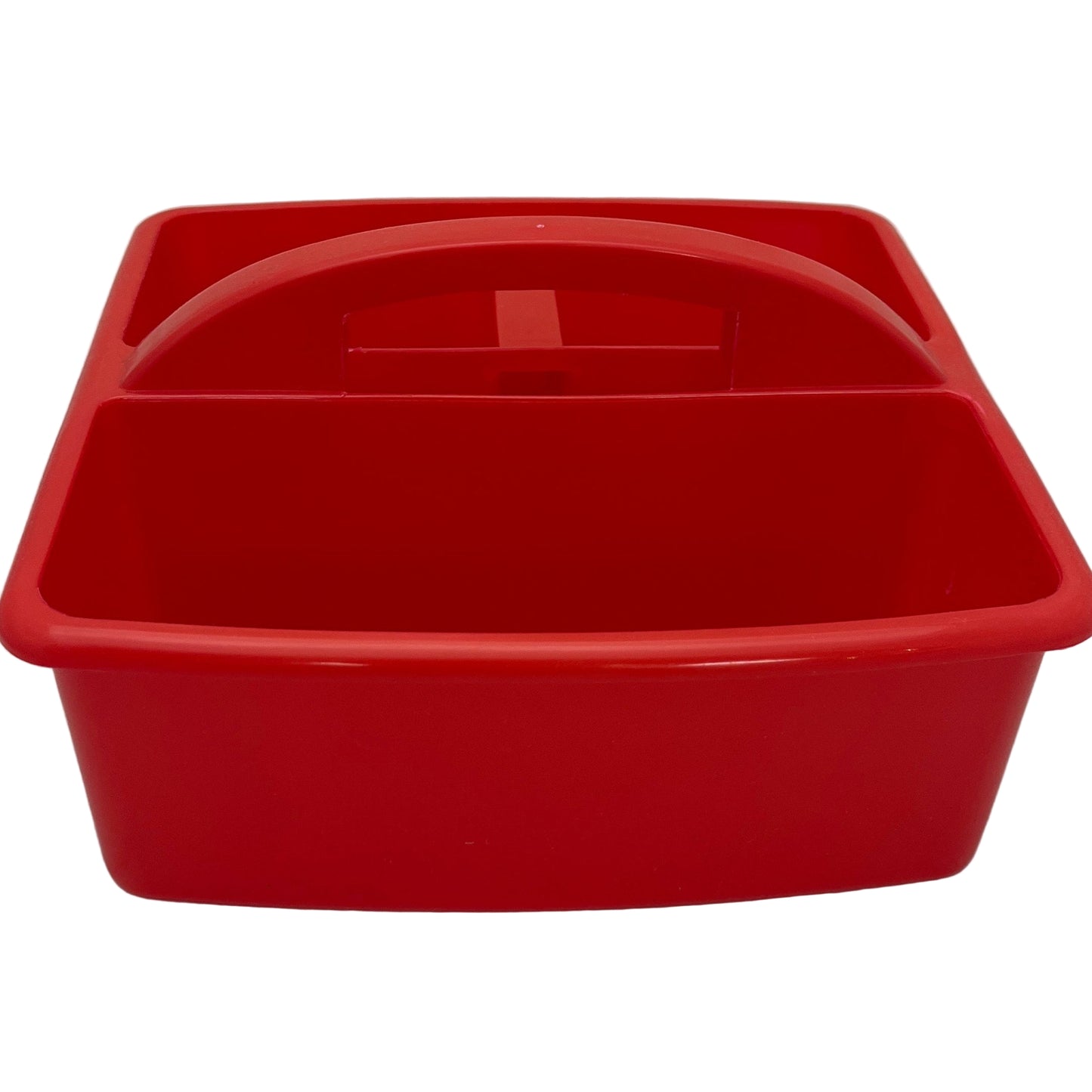 Red plastic bin with a handle on a white background
