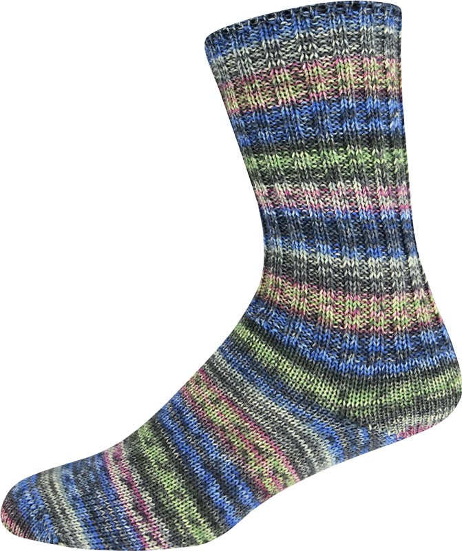 Multicolored striped yarn shown knitted as a sock on a white background