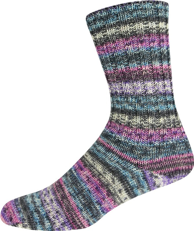 Multicolored striped yarn shown knitted as a sock on a white background