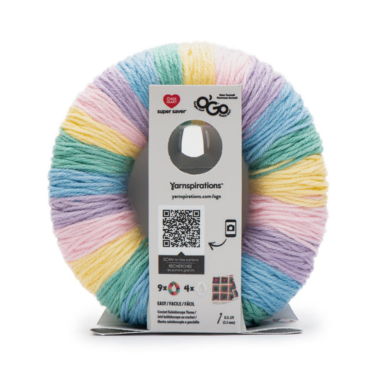 Pastel multicolor yarn on a white background with Yarnspirations packaging.