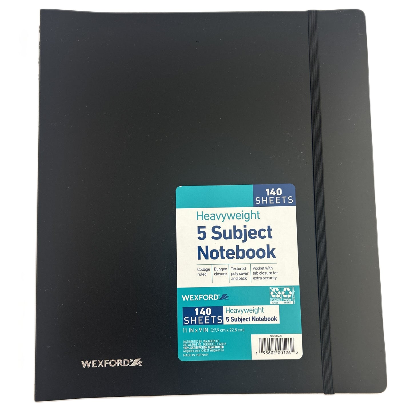 Black notebook with Wexford branding and a label indicating 140 sheets and 5 subjects.