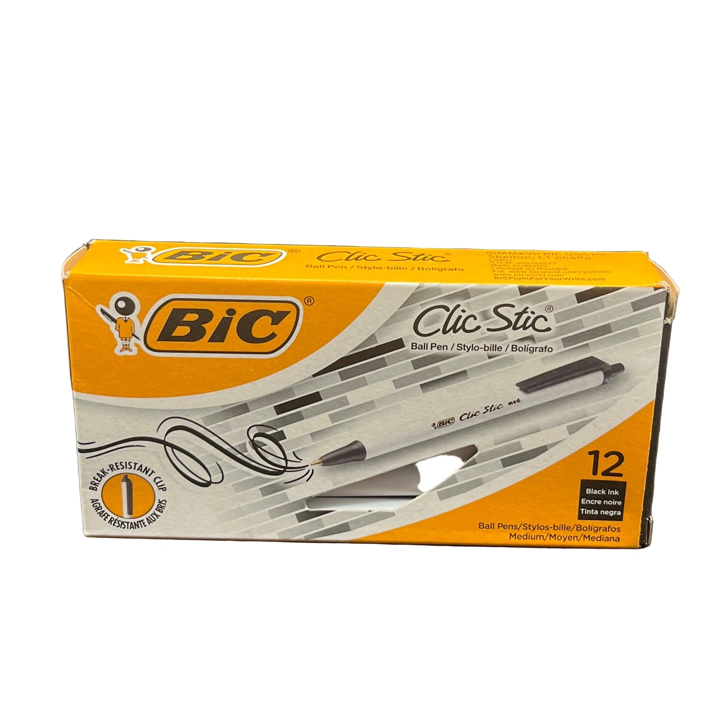 Box of BIC Clic Stic ball pens on a dark background