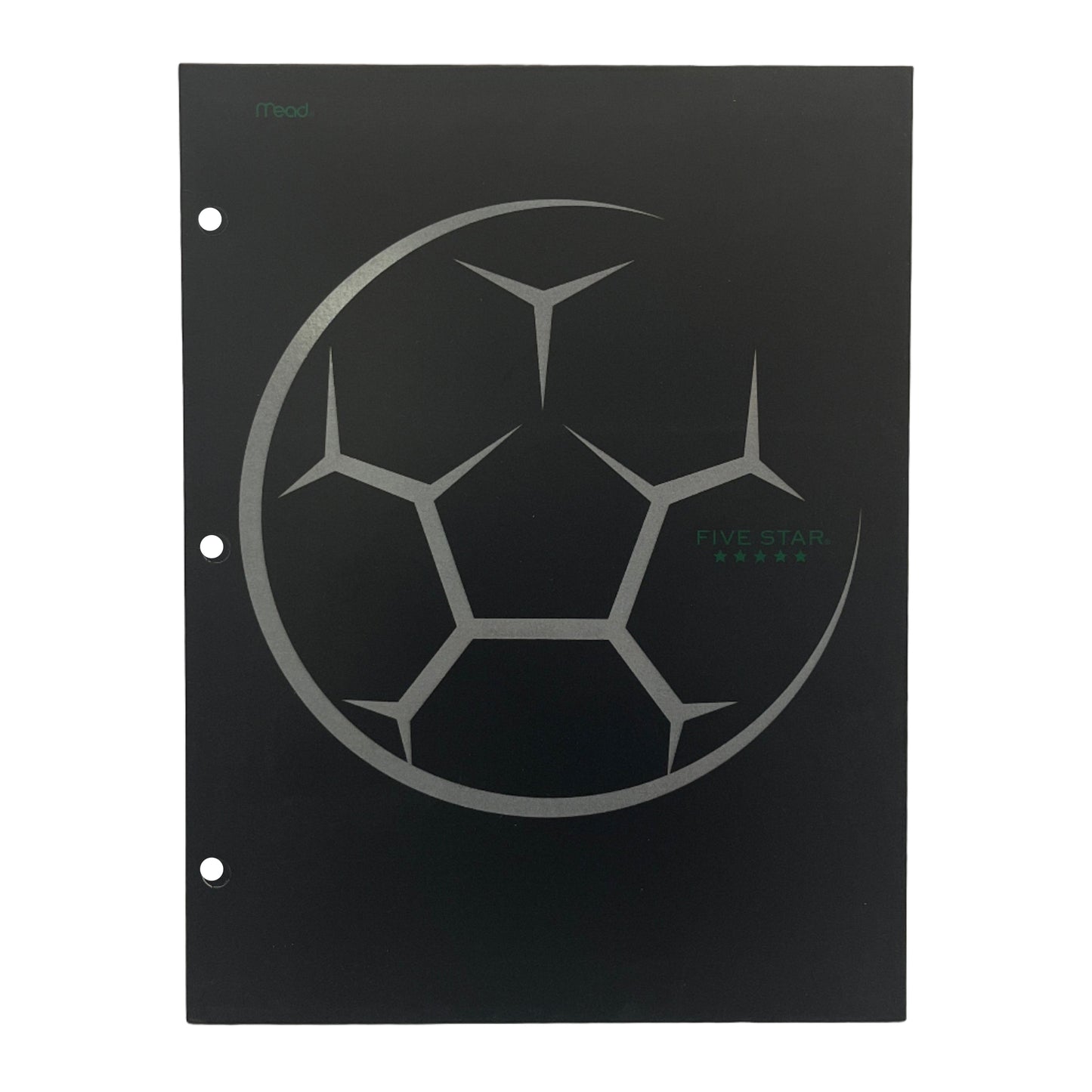 Black notebook with a soccer ball design on a white background