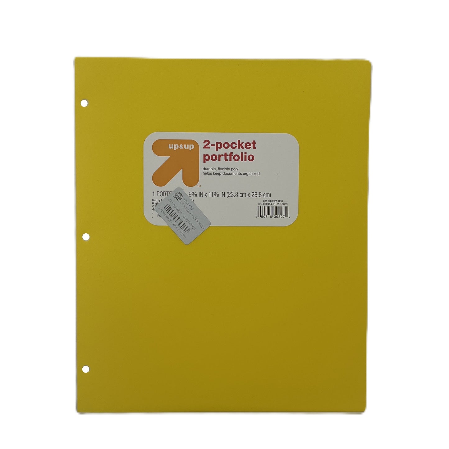 Yellow two-pocket portfolio with 'up & up' label on a white background