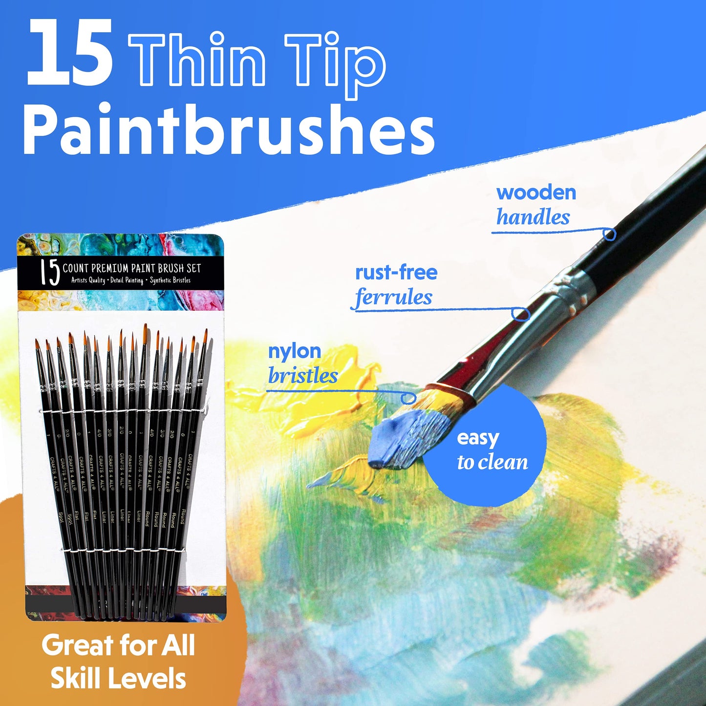 Set of 15 thin tip paintbrushes with packaging on a colorful background
