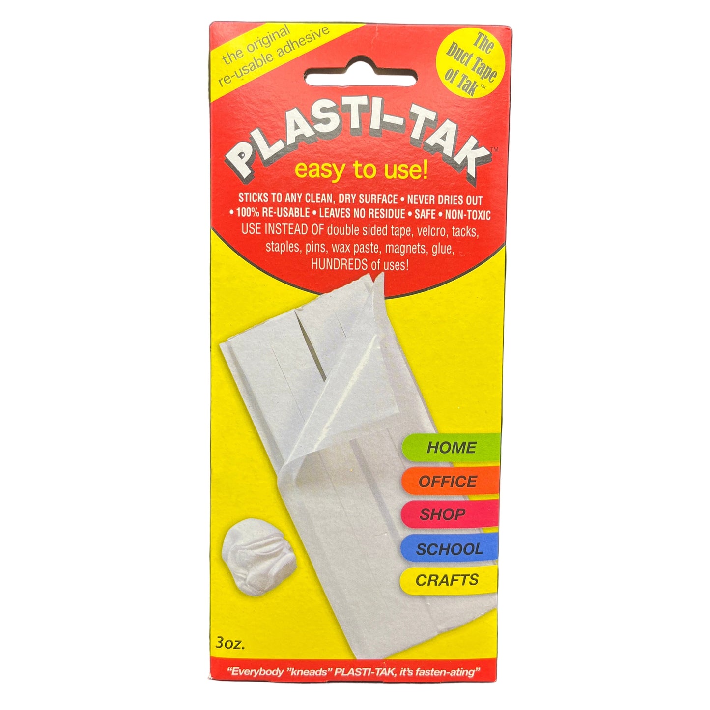 Plasti-Tak packaging with text and images on a white background