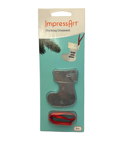 Stocking ornament packaging with 'ImpressArt' branding on a gray background