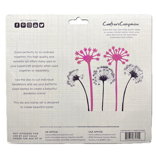 Crafter's Companion die and stamp set packaging with pink dandelion designs on a white background.