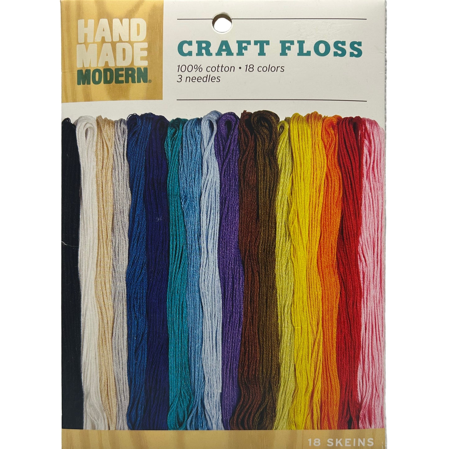 Packaged craft floss with colorful skeins on a white background