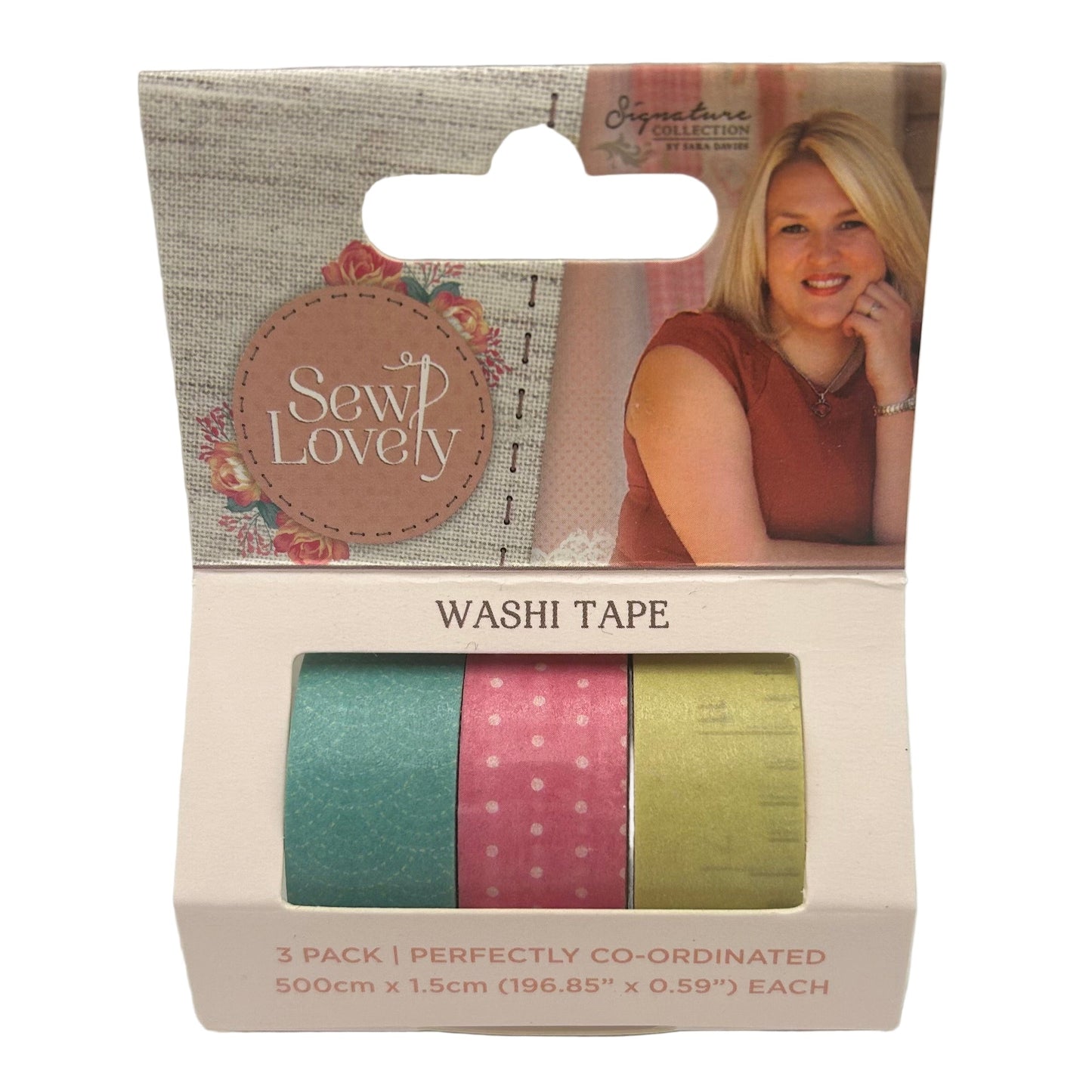 Packaged washi tape set with 'Sew Lovely' branding on a white background
