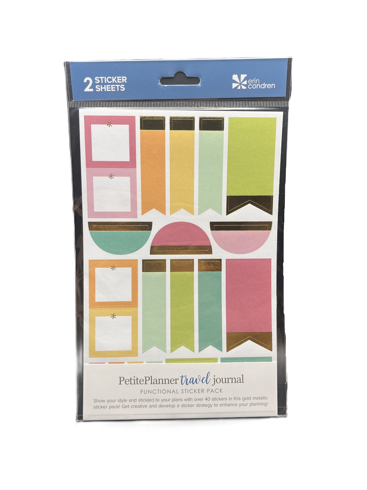 Packaged sticker set for travel journal with colorful designs on a white background