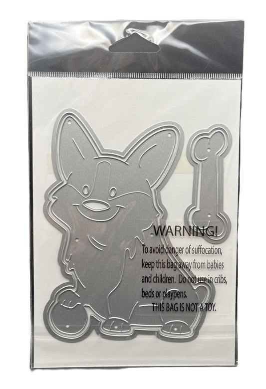 Metallic dog-shaped object with warning text on a clear background