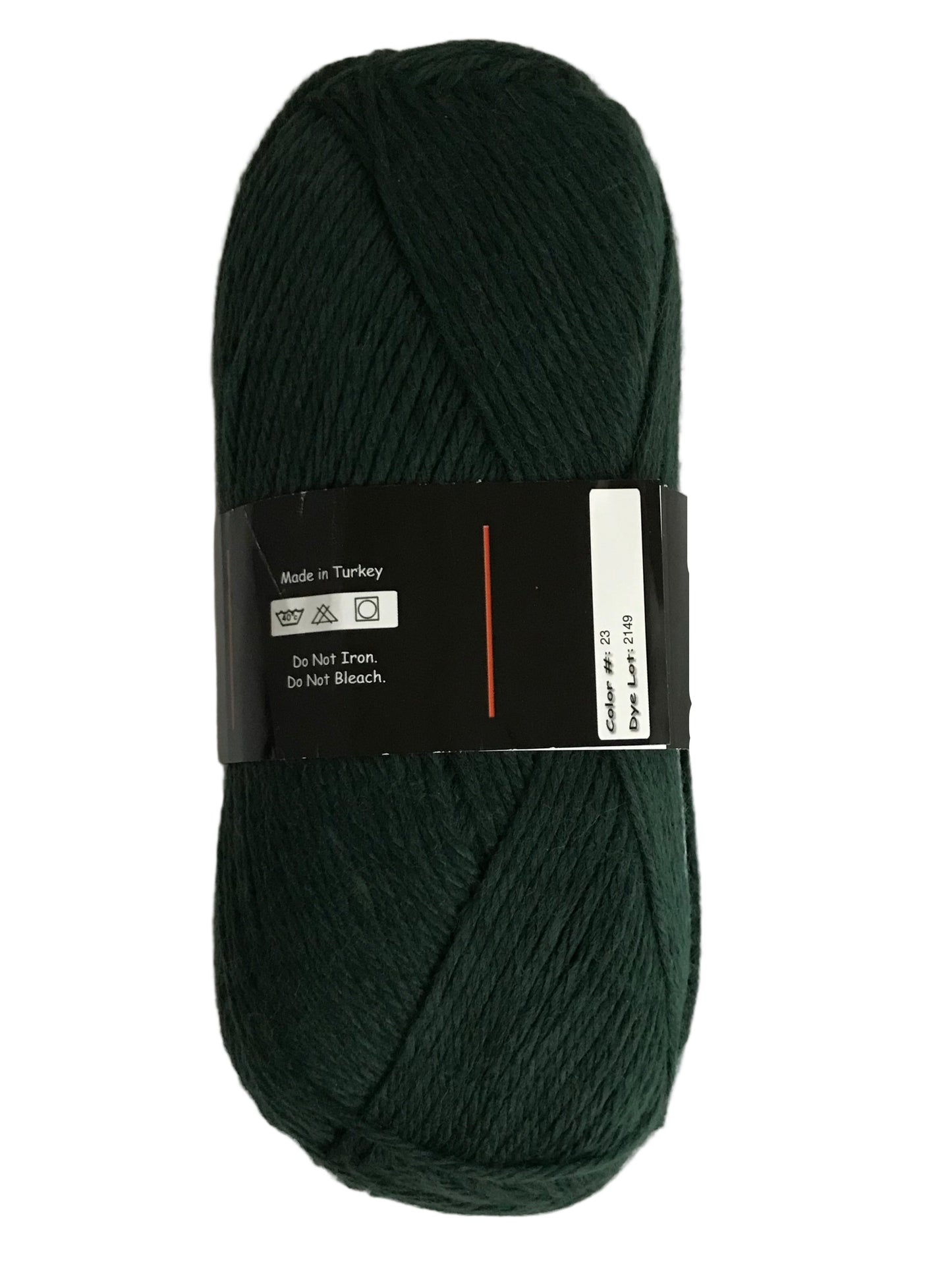 Dark green skein of yarn with a label on a white background
