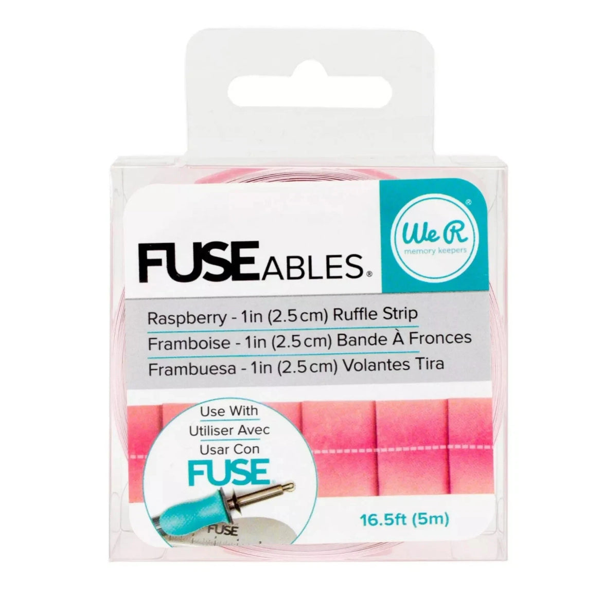 Packaging of Fuse Ables ruffle strip with pink ruffles on a white background