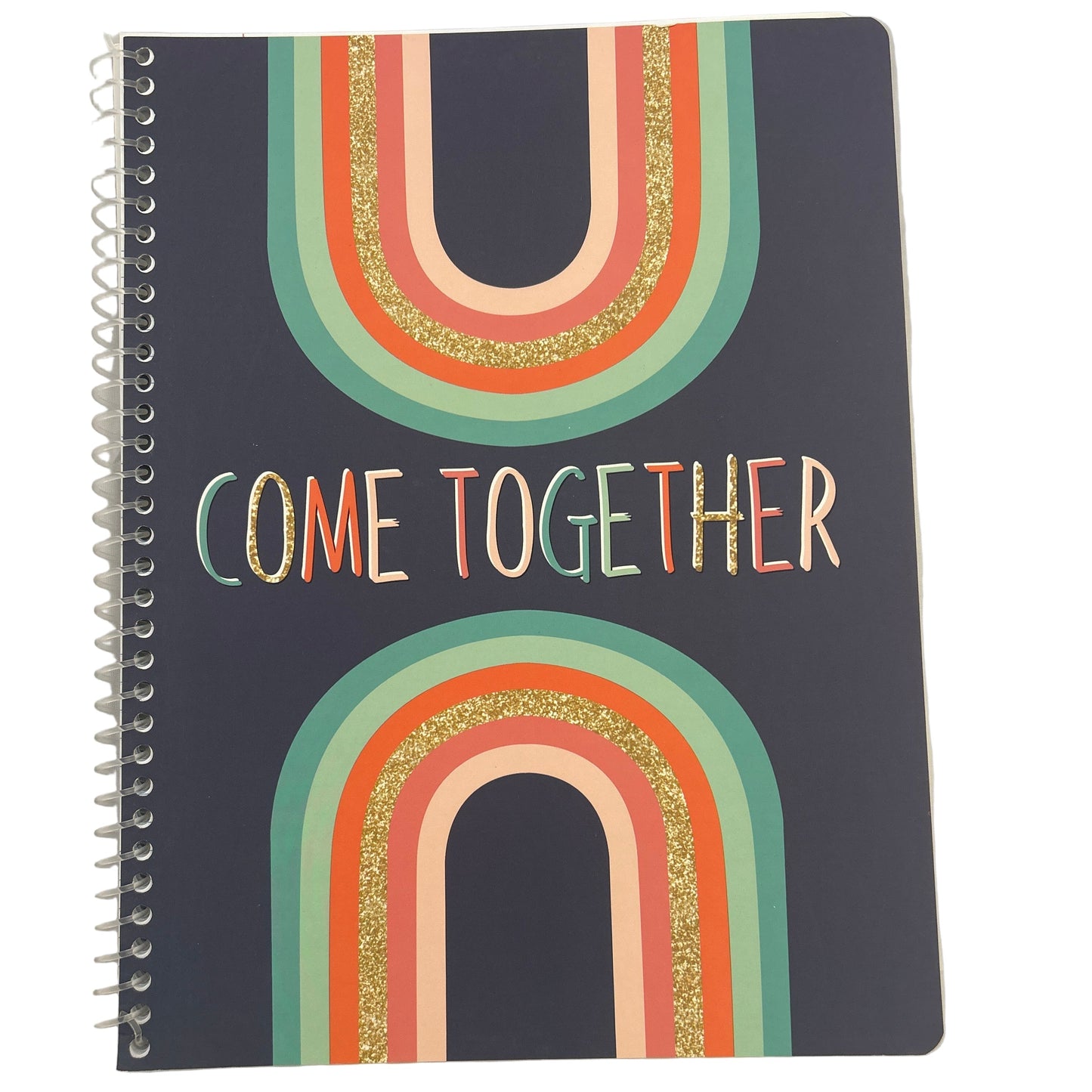 Notebook with rainbow design and 'Come Together' text on a white background