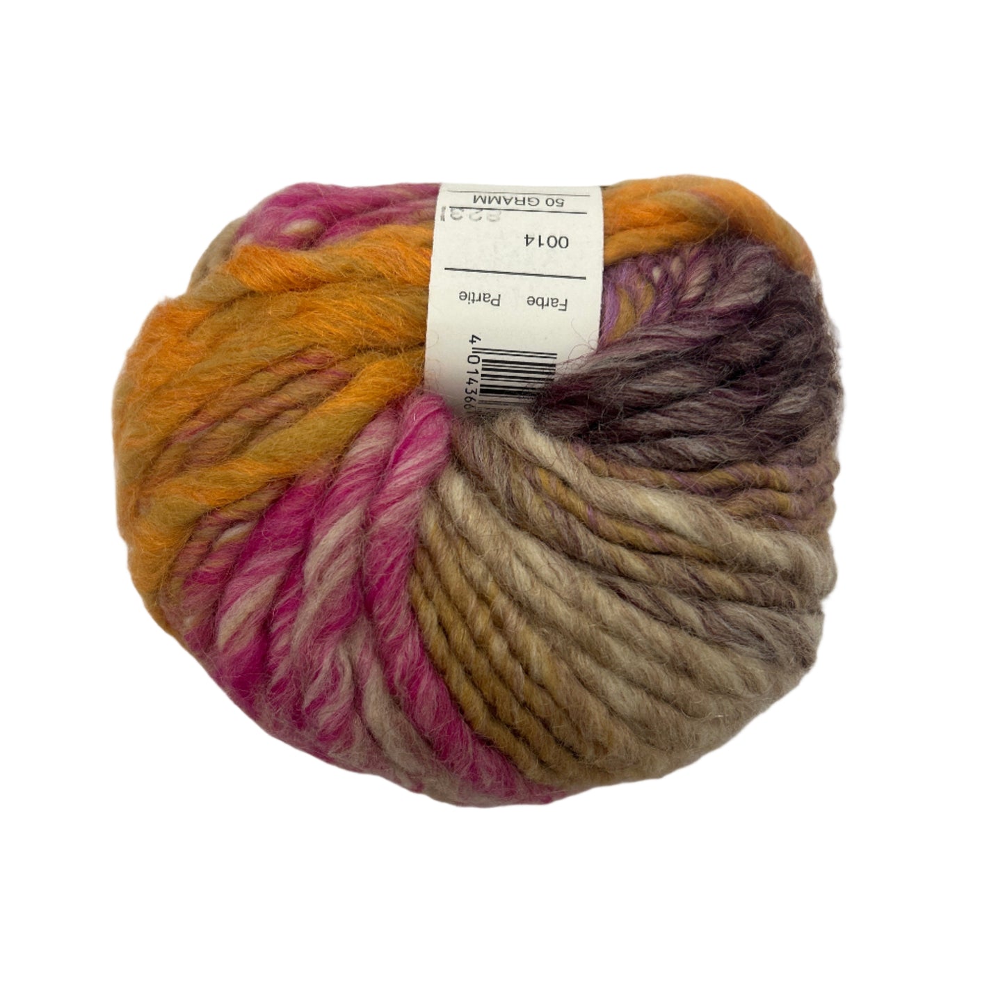 Multicolored yarn ball with a label on a white background
