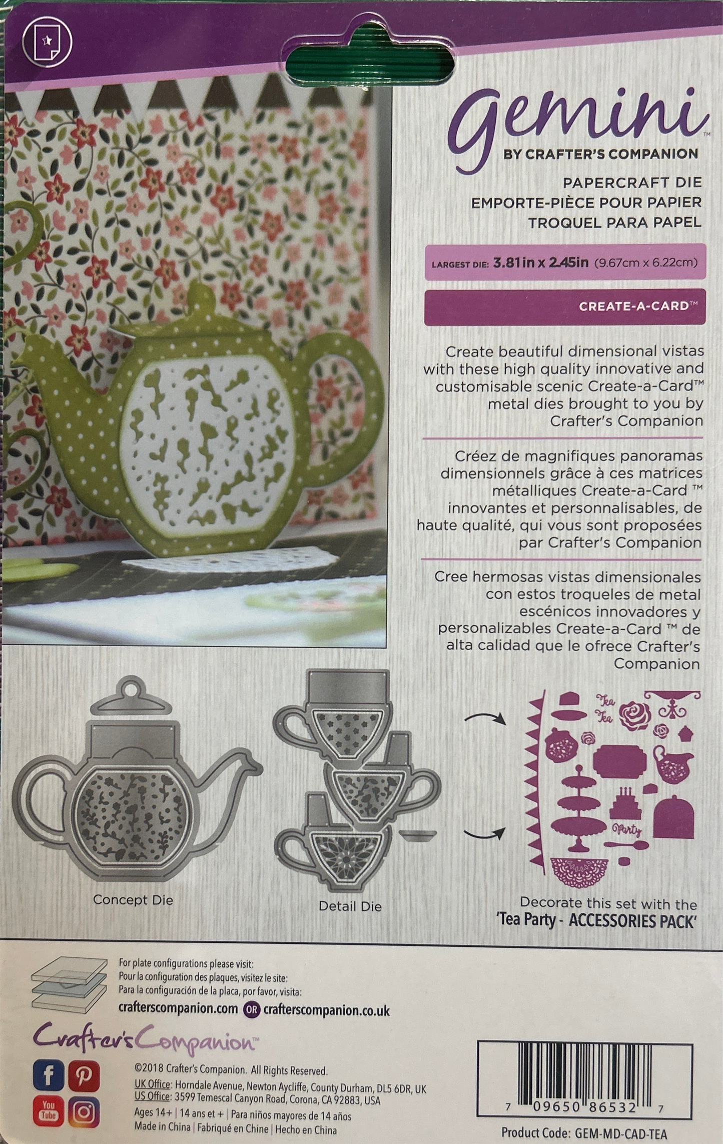 Packaging of Gemini by Crafter's Companion paper piecing die set with tea-themed design.