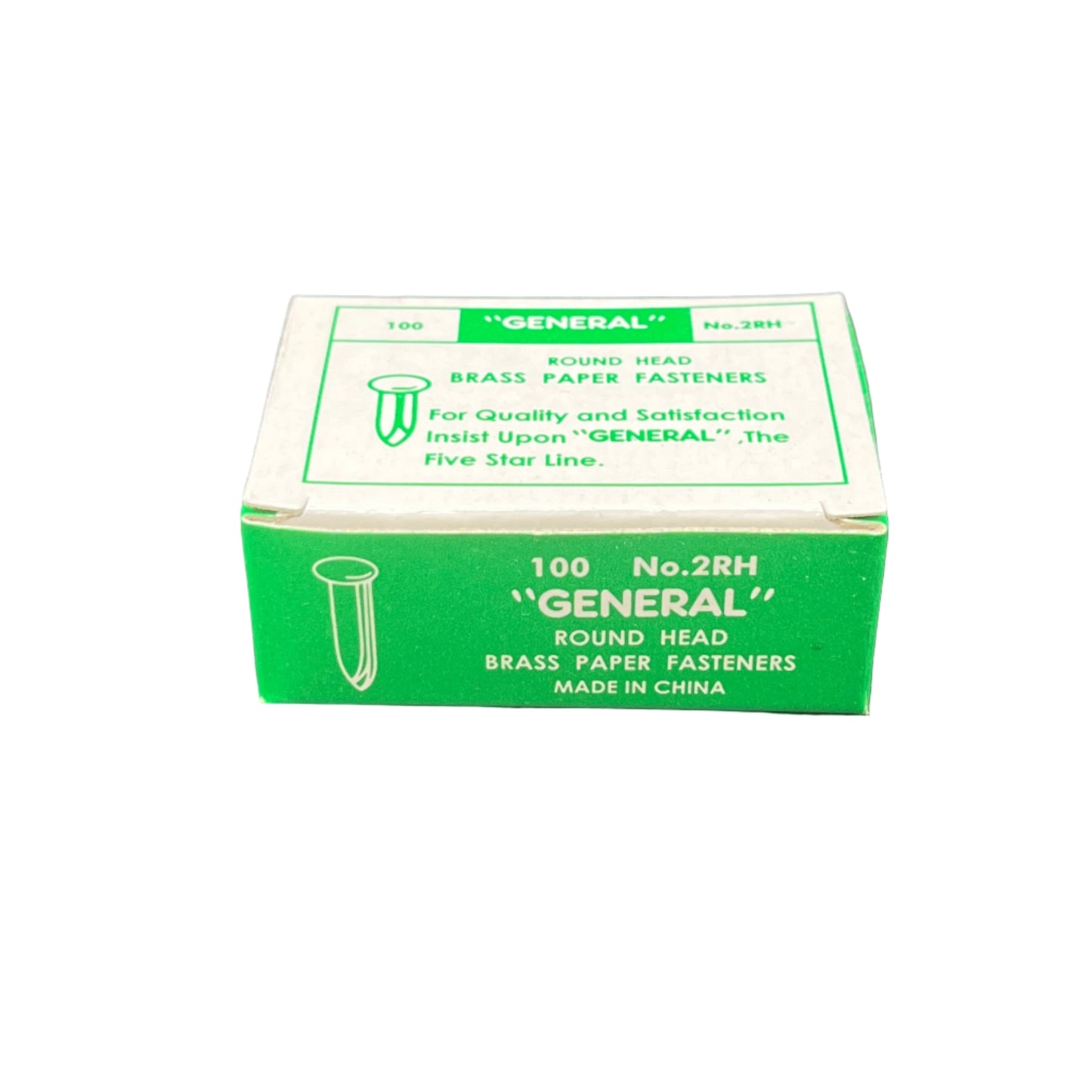 Box of General brand round head brass paper fasteners on a white background