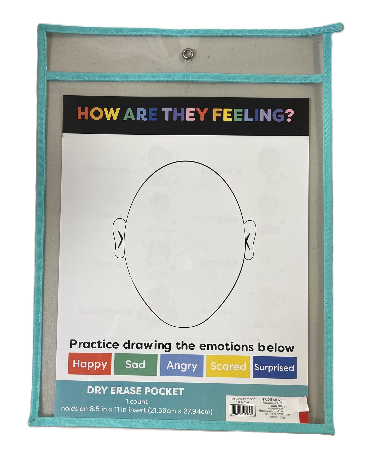 Dry erase pocket with face outline and emotion labels on a white background