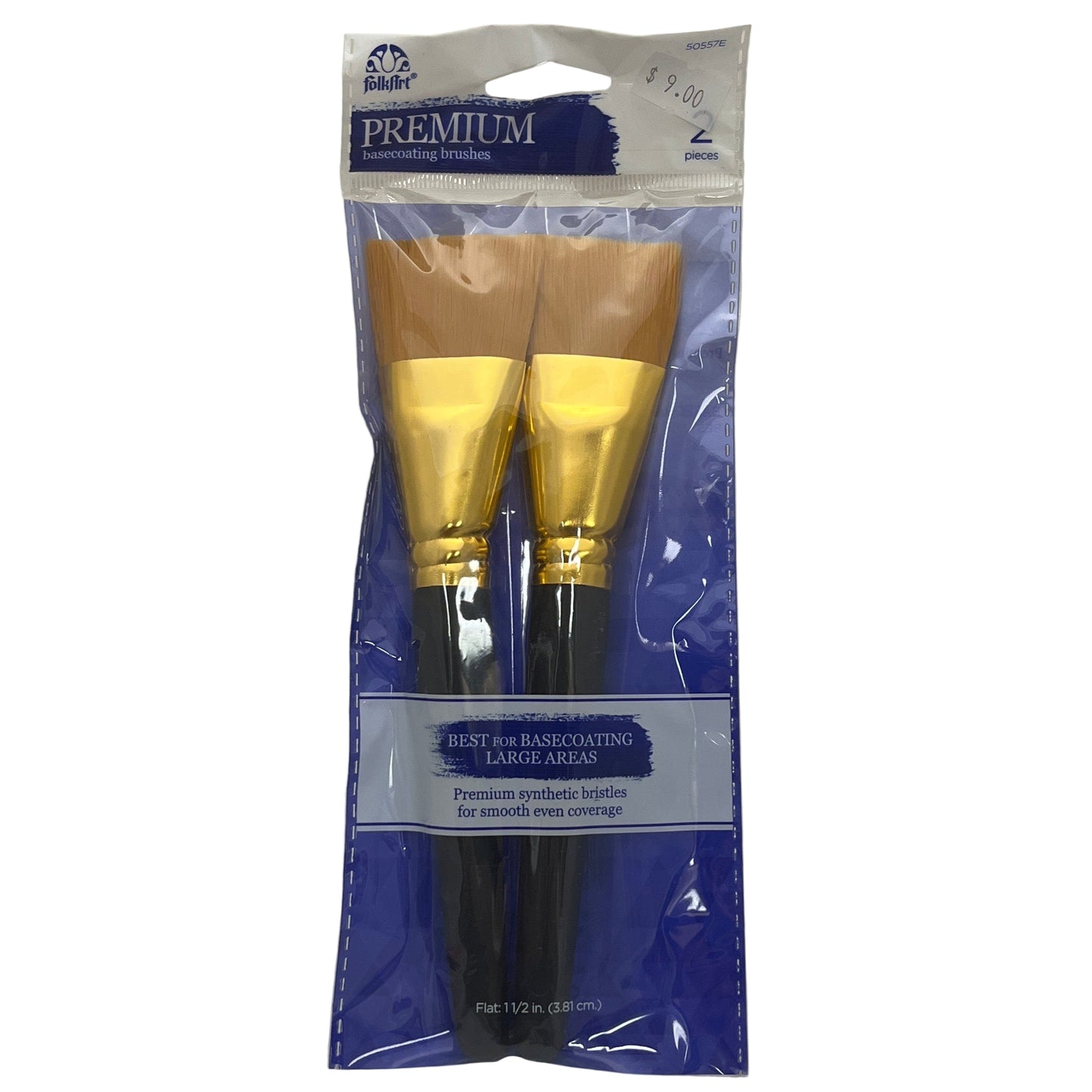 Packaged set of paint brushes with gold ferrules on a white background