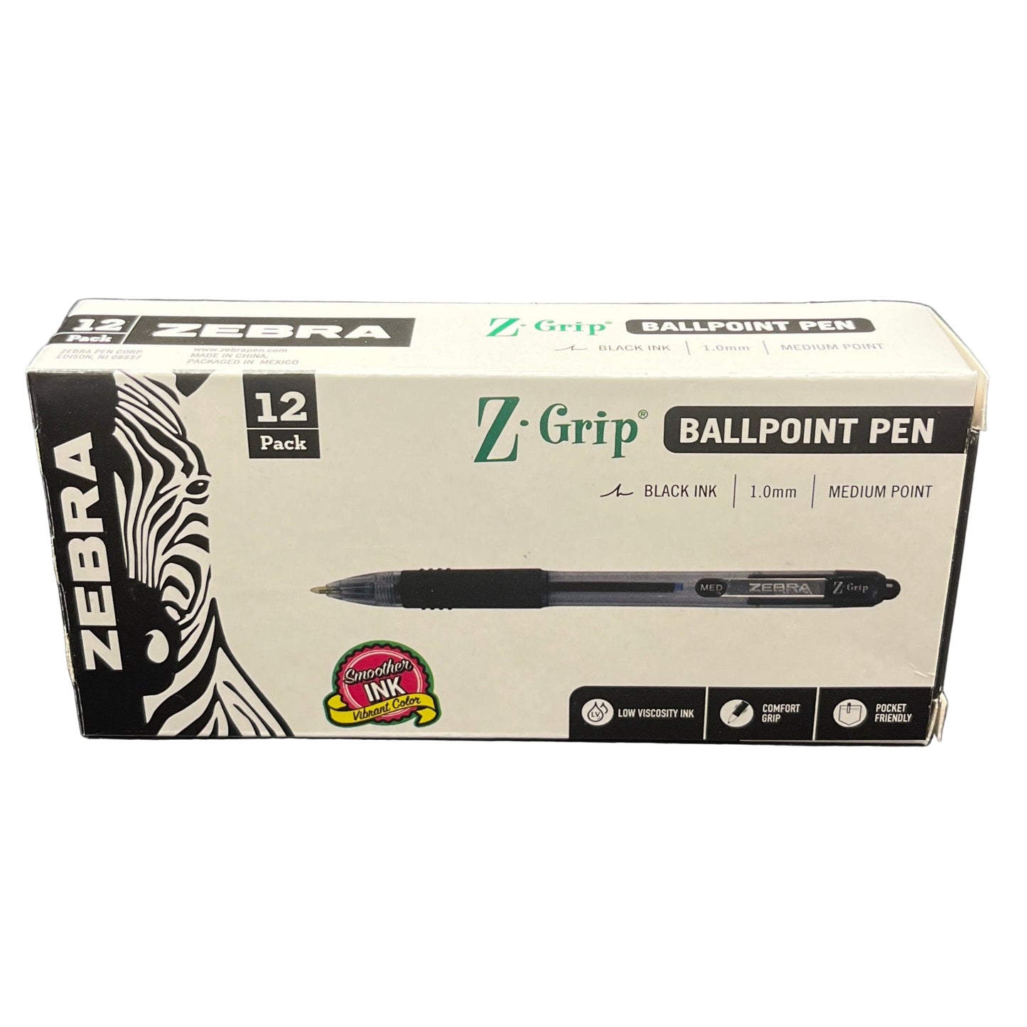 Box of Zebra Z-Grip ballpoint pens with black ink on a white background