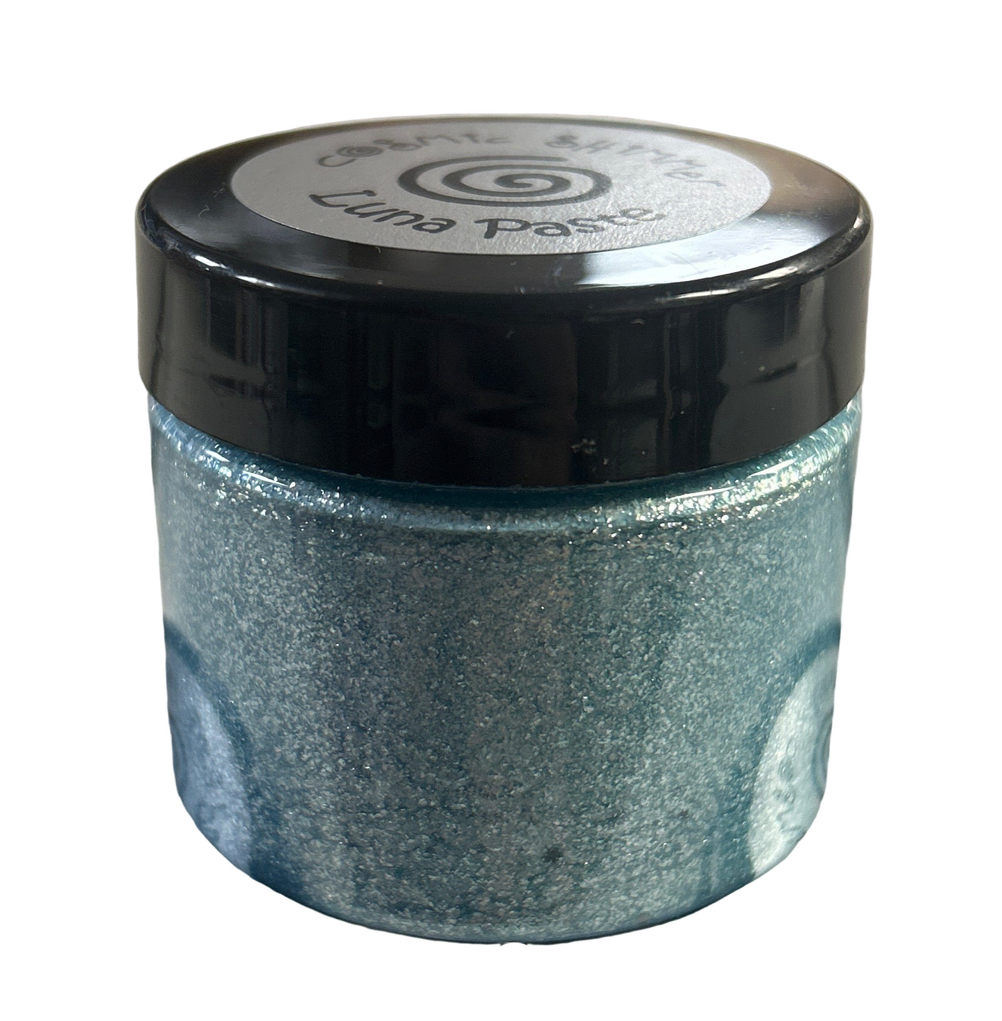 Jar of glitter with a black lid on a white background