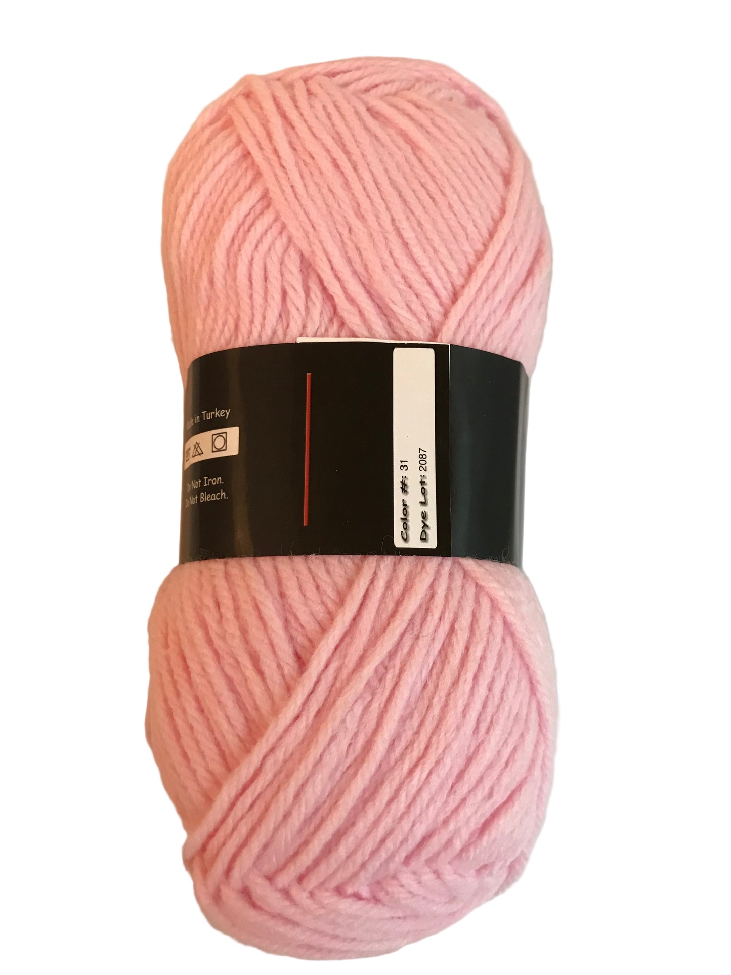 Ball of pink yarn with a label on a white background