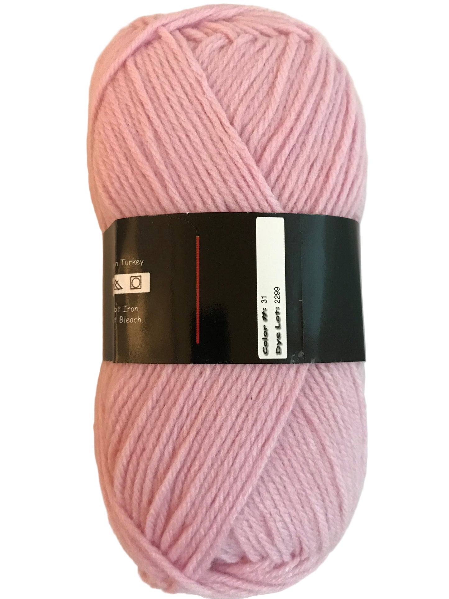 Pink skein of yarn with a label on a light beige background