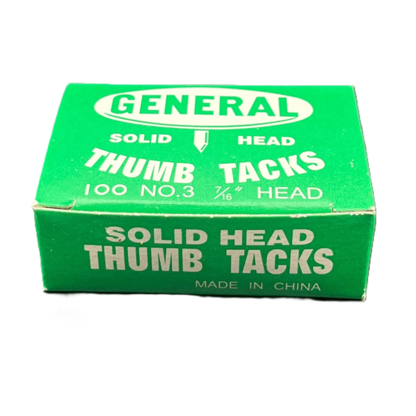 Green box of General thumb tacks on a white background