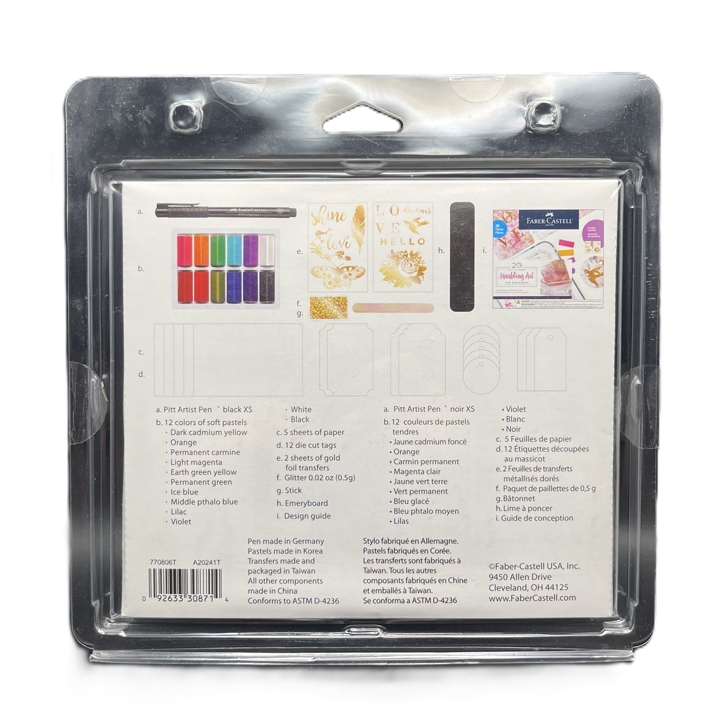 Packaged art set with color swatches and branding on a white background