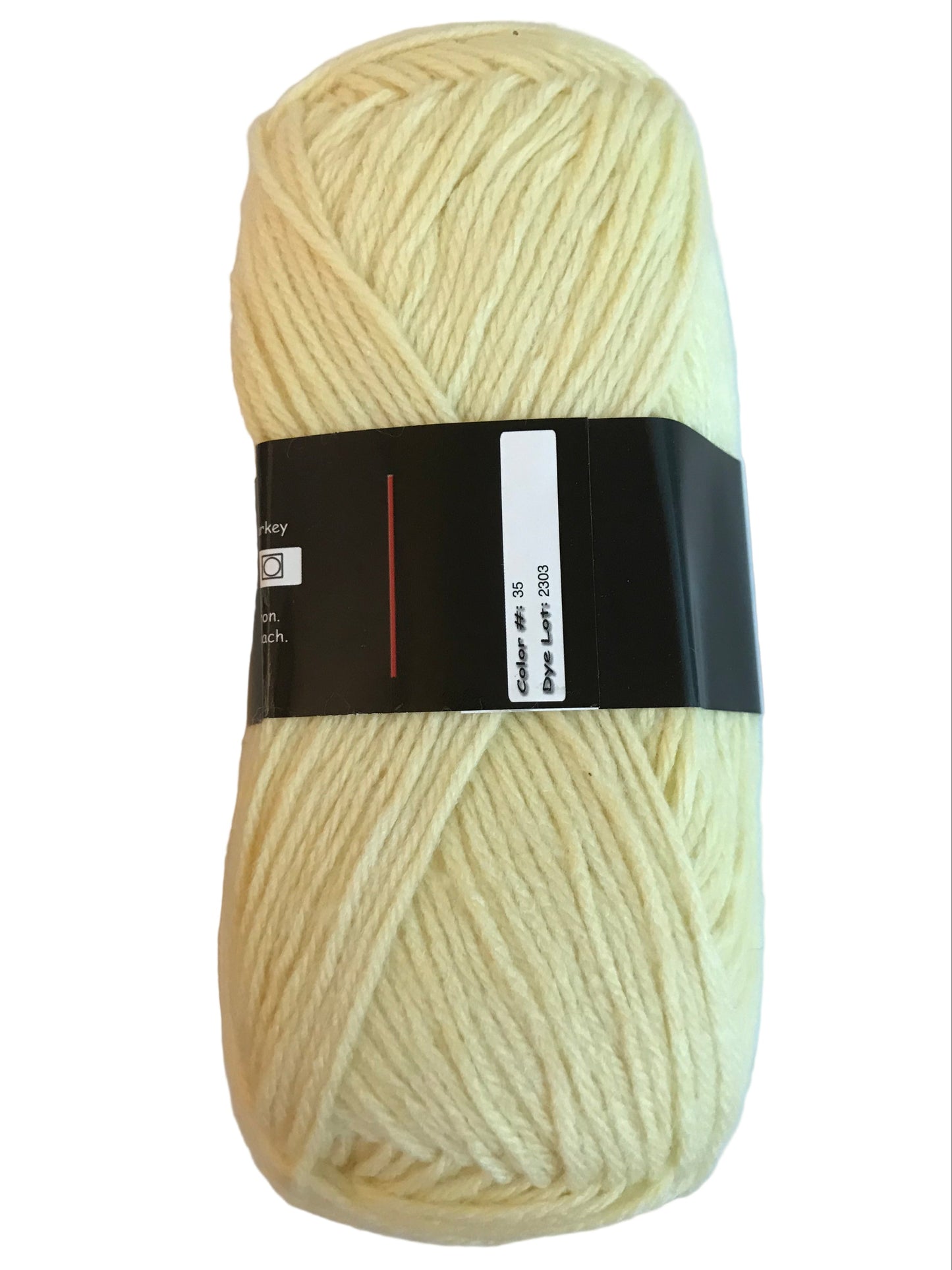 Ball of light yellow yarn with a label on a white background