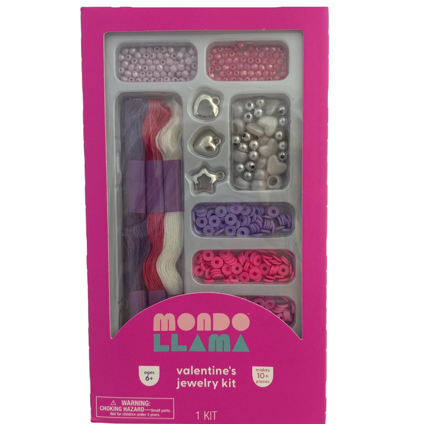 Jewelry kit with beads and strings in a pink box labeled 'mondo llama'.