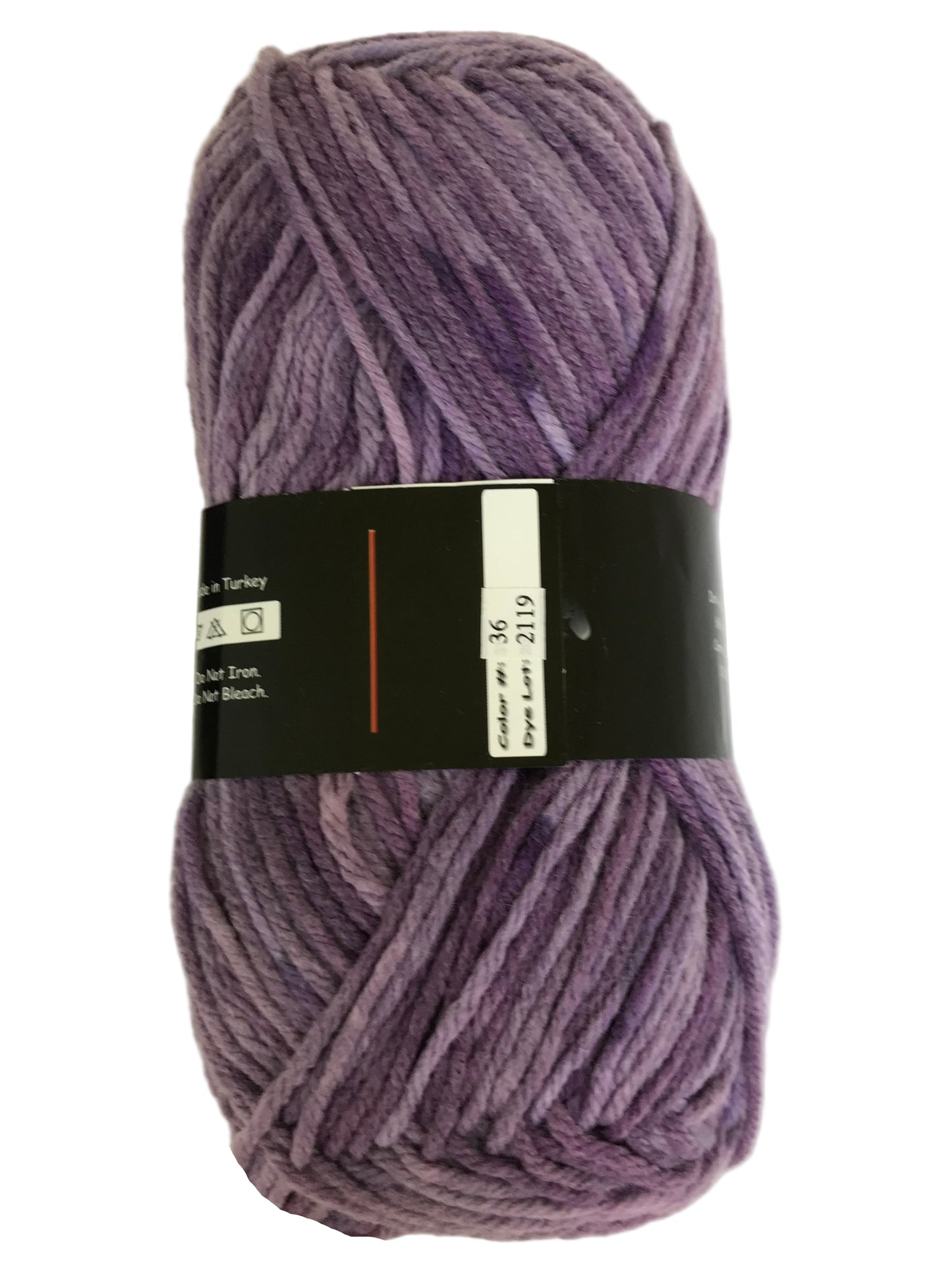 Purple skein of yarn with a label on a light background