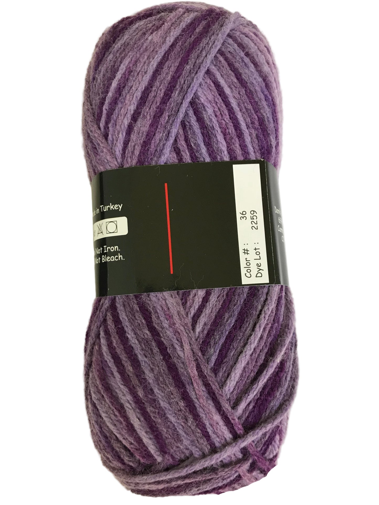 Purple yarn ball with a label on a white background
