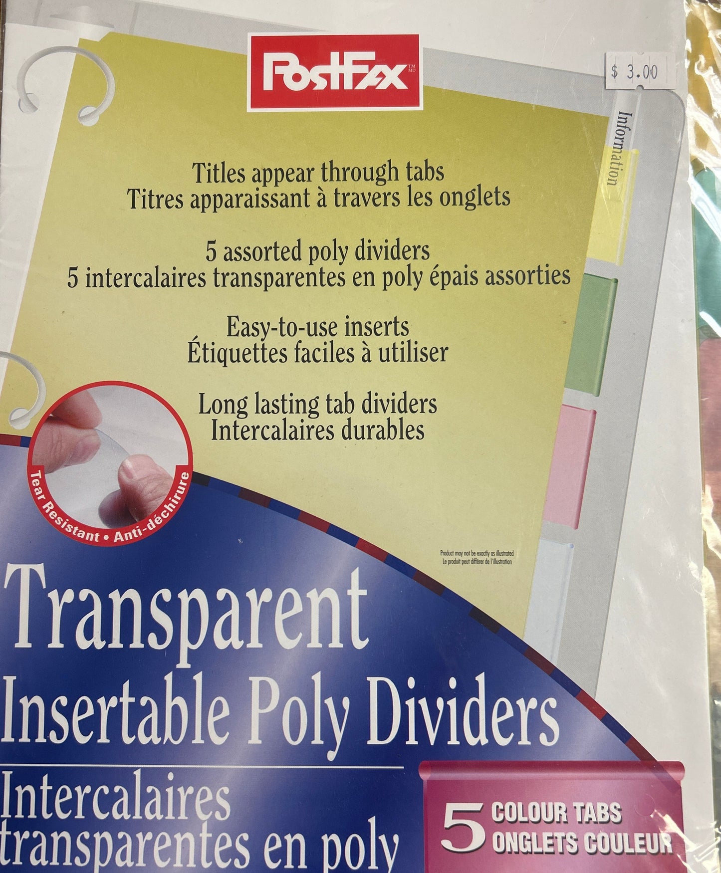 Packaging of Post-It transparent insertable poly dividers on a wooden surface