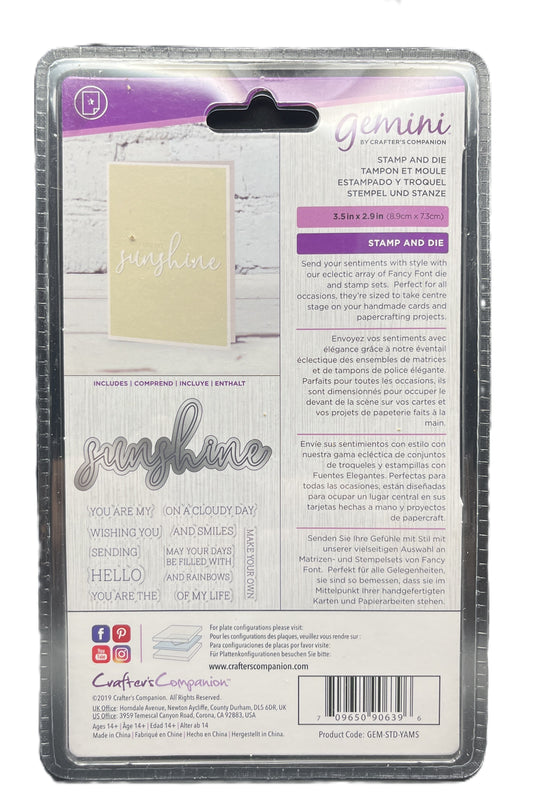 Packaged Gemini craft item with 'sunshine' stamp and die on a white background