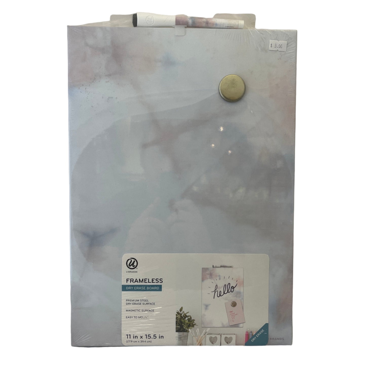 Packaging of a frameless dry erase board with a marble design.
