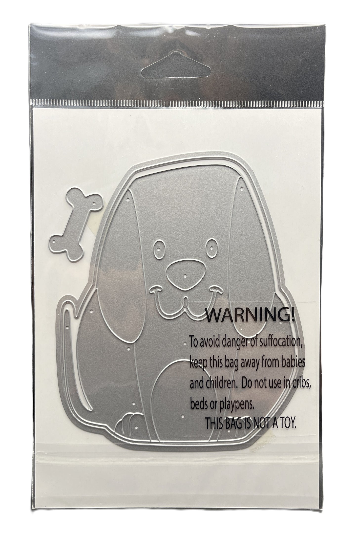 Clear plastic bag with a dog design and warning text on a white background