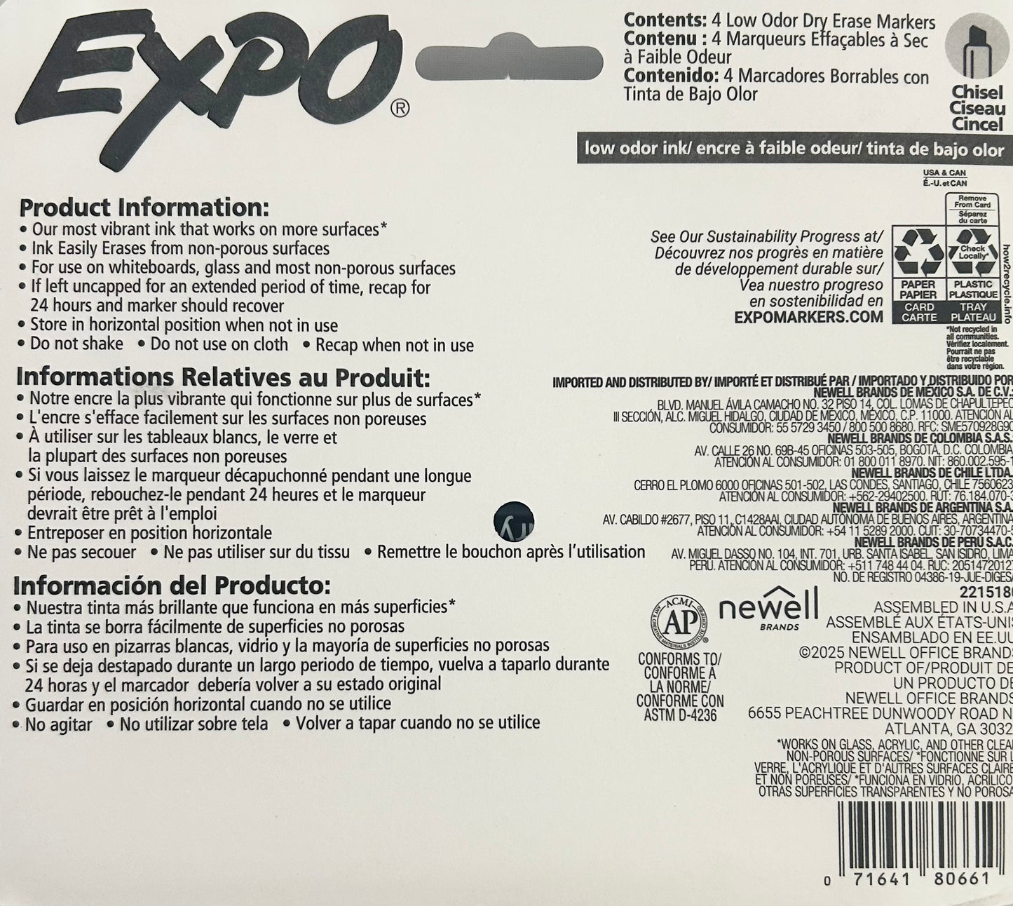 Back of Expo low odor dry erase marker packaging with product information and branding.